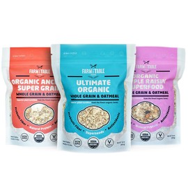Farm to Table Foods Organic Oatmeal Variety Pack – High-Protein, Plant-Based, Unsweetened, Non-GMO – 3-Pack (Apple Raisin, Whole Grain, Ultimate Organic)