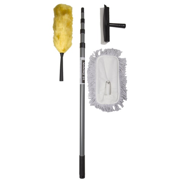 High Reach Cleaning Kit with 10-Foot Extension Pole for High Ceilings, Windows, and Walls, Fan and Ceiling Duster - Set Includes Telescopic 10 ft Pole, Window Squeegee, Static Duster, & Mop Head
