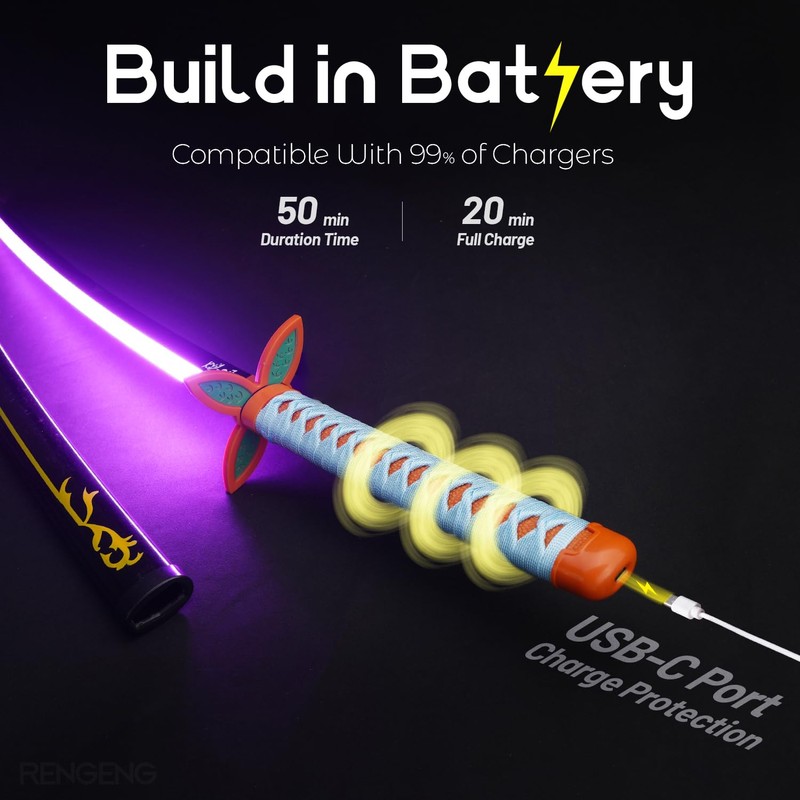 RENGENG Light Up Shinobu Sword, 40 Inches Rechargeable Plastic Anime
