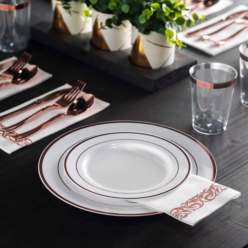 Munfix 100 Rose Gold Rim Plastic Plates Set, 50 Pcs