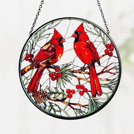 Red Cardinal Glass Suncatcher - Cardinal Window Hanging Ornament - Type: 4, Size: 7.8 Inches