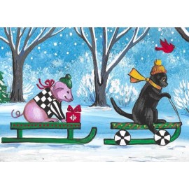 ACEO PRINT OF PAINTING RYTA FOLK ART WINTER SNOW PIG BLACK CAT Christmas Gift 🎁