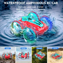 Xander Amphibious Remote Control Car Boat, 360 Degree Rotating Waterproof RC Stunt Car, Gesture Sensor 4WD Remote Controlled Off-Road Toy Car for Kids Ages 8-12, Boys Girls Gifts