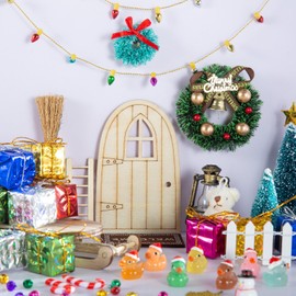 61Pcs Doll House Christmas Hat Decoration Miniature Dollhouse Accessories String Fake Light Door Mini Xmas Tree 1:12 Model Pretend Toys DIY Festival Party Wreath Snowman Fairy Cane Candy Garden