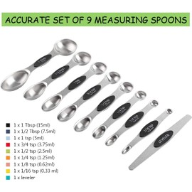 Daailoktau Magnetic Stainless Steel Measuring Spoon Set, Stackable Double Sided Teaspoons & Tablespoons, Fits in Spice Jars for Measuring Dry & Liquid Ingredients, Nestable Set of 9