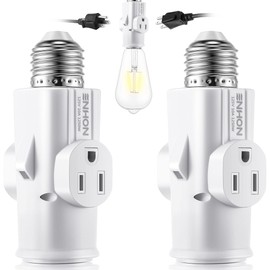 Enhon 2 Pack Light Socket Outlet Adapter, 2/3 Prong Light Socket to Plug Adapter, E26/E27 Heat Resistant Light Bulb Outlet Socket Plug Adapter Splitter Converter for Garage Porch Indoor Outdoor