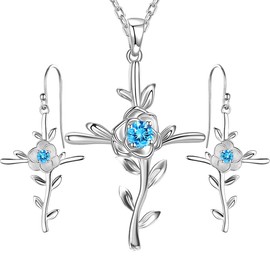 Aquamarine Jewelry Set Gifts Wife Valentines Day Birthday Gifts Mom Love Rose Hope Leaves Necklace Earrings Set Women March Birthstone Sterling Silver