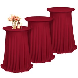 3 Packs Cocktail Table Covers Burgundy Round Bar Table Cloth Wine Red 32"x 43" Spandex Stretch High Top Table Covers with Wavy Drapes Fitted High Top Table Cloth for Party Wedding Banquet Bar Table
