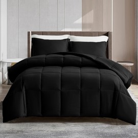 LUX Decor King Size Bed Comforter - Down Alternative Box Stitched Fluffy Comforter with Corner Tabs - Duvet Insert for All Seasons 102" x 90" (King, Black)