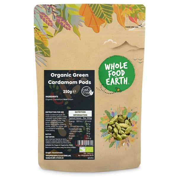 Whole Food Earth® - Organic Green Cardamom Pods 250 g | GMO Free | Certified Organic