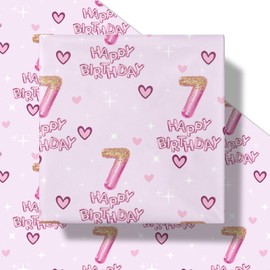 RUSPEPA 7th Birthday Wrapping Paper Girls, Hearts and Pink Number 7 Balloons Happy Birthday Design, 7 Years Old, Mini Roll, 17 Inches x 16.4 Feet, Perfect for Girls' Birthday Party Gifts
