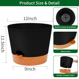 GARDIFE 12 inch Plant Pots, planters, Self Watering Pots, Large Plastic Flower pots with Deep Reservior and High Drainage Holes for Indoor Outdoor Plants and Flowers, Black