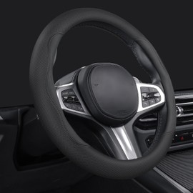 SZYUCHEN Steering Wheel Cover for GMC Sierra 1500 2500 HD 3500 HD Terrain Yukon Acadia Denali Canyon Crew Cab Elevation Double AT4 SLE SLT Limited XL Car Accessories, 2024 Leather 14 1/2"-15" Black