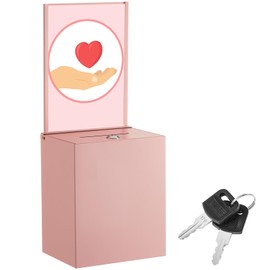 Weekgrat Metal Donation Box with Lock 6.7 x 5 x 8 Inch Safe Ballot Suggestion Box with Sign Holder and Slot Tip Jar Voting Collection Raffle Mailbox for Voting Fundraising Collection(Pink)