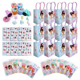 TINYMILLS Rainbow Little Mermaid Birthday Party Favor Set of 108 pcs (12 Large Party Favor Bags with Handles, 24 Stampers, 12 Sticker Sheets, 12 Coloring Books, 48 Crayons)