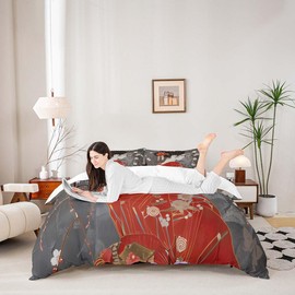 Homemissing Kids Japan Geisha Bedding Set Double Size Boys Girls Cherry Blossoms Comforter Cover Set Japanese Style Duvet Cover Japanese Tradition Aesthetic Bedspread Cover (No Comforter)