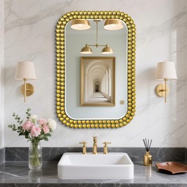 Wall Mount Bathroom Mirror Beaded Framed Baroque Decorative Vanity Mirror Rounded Corner Rectangle Mirror for Wall,Over Sink，Bedroom