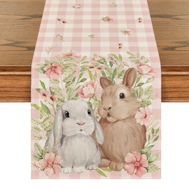 Artoid Mode Bunny Rabbit Flowers Leaves Pink Buffalo Plaid Easter Table Runner, Spring Kitchen Dining Table Decoration for Home Party Decor 13x90 Inch