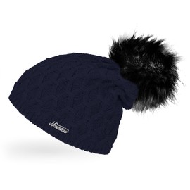 Neverless® Ladies Knitted Fur Pom Lined Beanie Winter Bobble Hat, 2016 - Navy