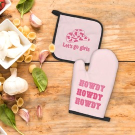 FIicy Pink Western Cowgirl Oven Mitts and Pot Holders Sets, Pink Preppy Howdy Western Kitchen Accessories Sets, Pink Let’s Go Girls Heat Resistant Oven Glove Potholders for Kitchen Cooking Baking