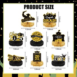 SINGOMON 8PCS Black and Gold Graduation Decorations 2025 Graduation Honeycomb Centerpieces Grad 2025 Honeycomb Table Topper Class of 2025 Table Centerpieces Grad 2025 Decorations for Women Men Graduation Party Decorations