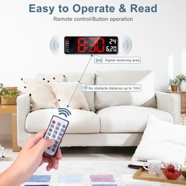 Ankilo Newest Wall Clock with Remote, 13" Large Display Digital Clock for Living Room Decor, Desk Alarm Clock for Bedroom, Auto Dimming, Timer, Date, Temperature, Week Display, Adapter not Included