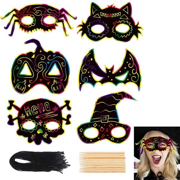CCINEE 36pcs Halloween Scratch Paper Mask, Magic Scratch Off Art Masks with Elastic Cords and Wood Stylus for Halloween Costume Dress up Party Decorations