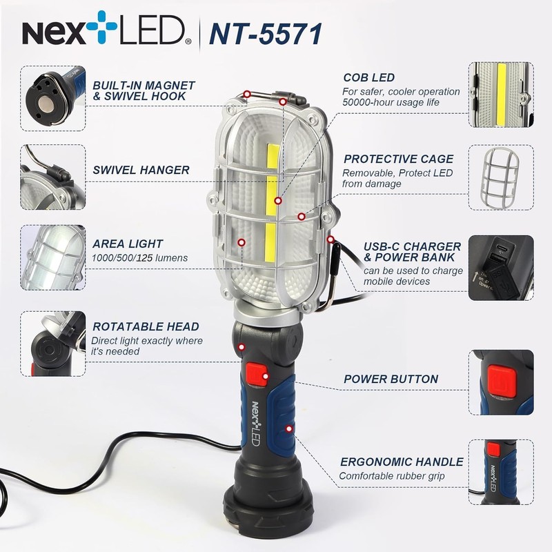 (Improved) NextLED NT-5571 Rechargeable Magnetic LED Work Light, 1000 LM