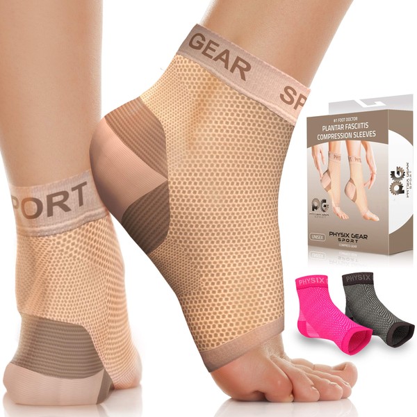 Physix Gear Sport plantar fasciitis foot bandage midfoot, arch support, plantar fasciitis socks, beige