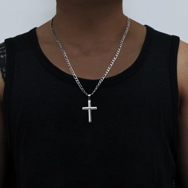 Rasetil 925 Sterling Silver Cross Necklace for Men Women with 4.5MM Stainless Steel Strong Durable Figaro Chain 18K White Gold Plated Crucifix Pendant Necklace Jewelry 16-28 Inches, 46 cm=18 in,