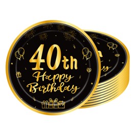 POPOYU 16pcs Black and Gold Paper Plates 40th, Happy Birthday Tableware 9 Inch, 40th Decorations for Men, Women, Him, Her Gifts Party Supplies