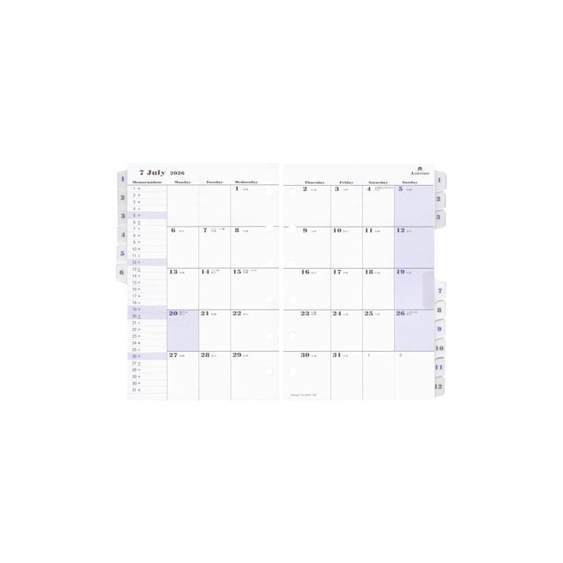 2026 Mini 6 Hole Size Monthly Diary Index & Memo