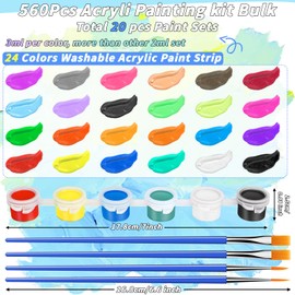 560 Pcs Acrylic Paint Set for Kids Adults,Bulk Set of 20 Washable Craft Painting Kit in 24 Colors, Acrylic Paint Strips Container with 40 Pcs Paintbrushes for Home Classroom Party Favors Paiting Gifts