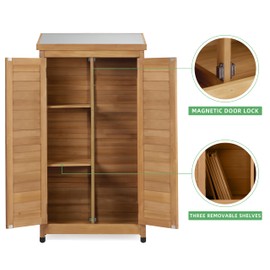 58''x30''x18'' Outdoor Wooden Storage Shed with Metal Top Tall Vertical Tool Cabinet for Backyard Garden Patio Lawn (Gold)