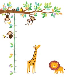 DECOWALL DW-1402 3 Monkey Branch Tree Height Chart Forest Animals Wall Sticker Wall Sticker Wall Decoration for Living Room Bedroom Children's Room