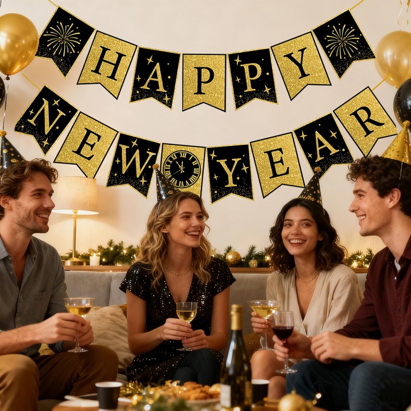 Happy New Year Banner Decorations Pre Assembled Glitter Gold Black