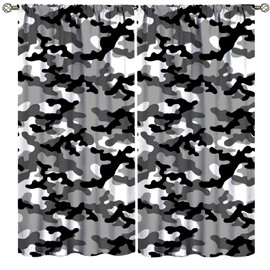 Camo Curtains Gray Military Camouflage Art Black White Gray Blackout Rod Pocket Curtains for Bedroom Living Room Kitchen Decor Thermal Insulated Window Drapes 2 Panel Set 52x84in