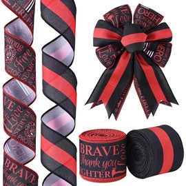 2 Rolls 20 Yards Firefighter Support Ribbon Black Red Stripe Service Hero Fireman Craft Fabric Ribbon for Fire Department Memorial Day Wreath Supplies