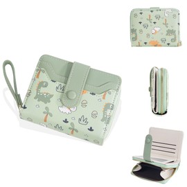 Belsmi Compact Small Leather Wallet, Dinosaur Print, For Women/Girls, Mini Bifold (Green)