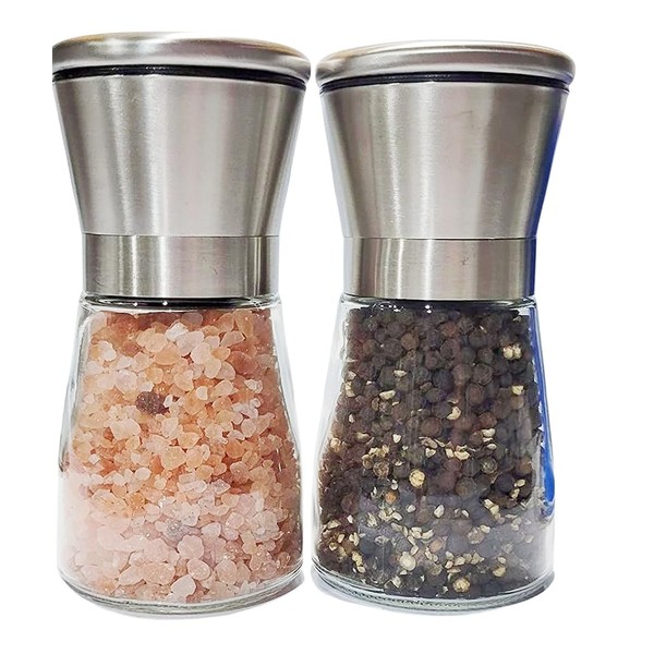 塩コショウミル つや消しステンレススチール 塩コショウグラインダーセット (2個パック) 調節可能なセラミック粗さグラインダーとガラスボディ付き - 塩コショウシェイカー
