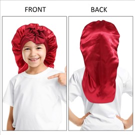 Monopa Long Toddler Silk Bonnet for Sleeping Kids Elastic Satin Bonnets for Kids Curly Hair Braid Bonnet for Boys Girls Infants Night Cap with Stretchy Tie Band(Red)