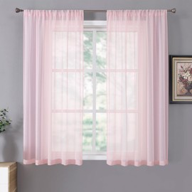 Tollpiz Short Sheer Curtains Linen Textured Bedroom Curtain Sheers Light Filtering Rod Pocket Voile Curtains for Living Room, 54 x 45 inches Long, Pink, Set of 2 Panels