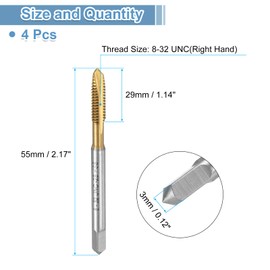 uxcell Spiral Point Plug Threading Tap 8-32 UNC Thread, Ground Threads H2, High Speed Steel 6542, Titanium Coated, Screw Taps Tapping Bit for Thread Repair, 4pcs