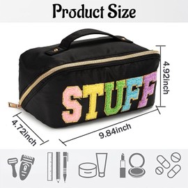 Large Nylon Make Up Bag Chenille Letter Patch Preppy Makeup Bag Large Capacity Travel Cosmetic Bag Stuff Make Up Bags Organizer with Handle Portable Beauty Toiletry Bags (Black)