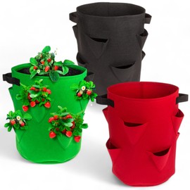 MIJOMA Set of 3 Strawberry Plant Bags with 8 Plant Bags - 35 x 42 cm, Breathable Felt, Reusable, 3 Colors (Red, Green, Black)