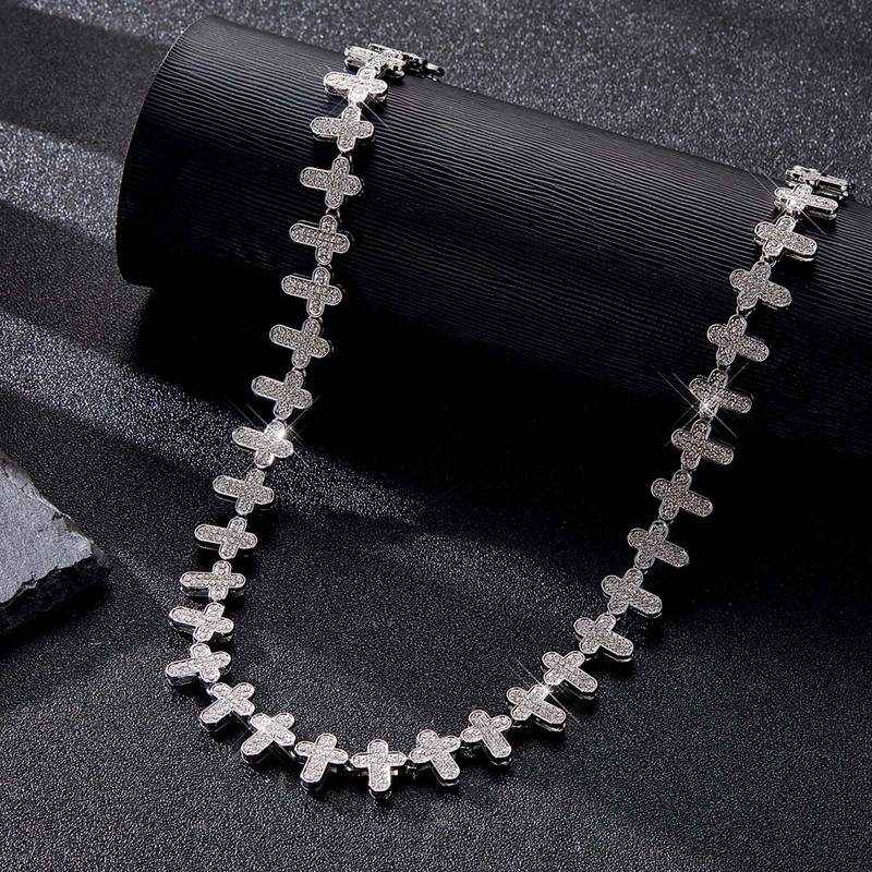 Xikui Rhinestone Cross-style Cuban Chain, Silver-plated Gold-plated Bling Necklace, 13MM