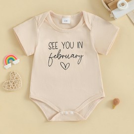 woshilaocai Baby Announcement Bodysuit Pregnancy Reveal Idea&New Baby Surprise Gift for Grandparents, Husband, Family (See You in February-Beige,Newborn)