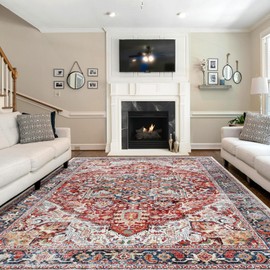 XSIVOD Living Room Rug 6x9 Washable Large Area Rugs for Bedroom, Non Slip Vintage Carpet for Dining Room Kitchen, Soft Low Pile Floral Accent Floor Carpet for Kids Playroom, Home Office, Red-Orange