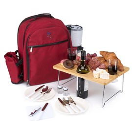 PL Harmony Picnic Backpack with Portable Wine Table, Blanket, Insulated Leakproof Cooler Compartment, Wine Holder, and Cutlery Set (Red)