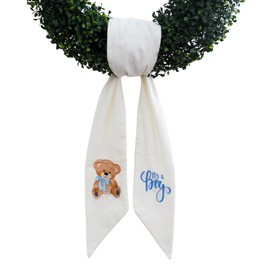 Wreath Sash for Front Door, It's a Boy, Newborn, Monogram and Embroidery, Quality White Linen, Baby Shower, Porch Accessories, and Boxwood Decoration - 56" L x 4.5" W, Indoor Outdoor Décor